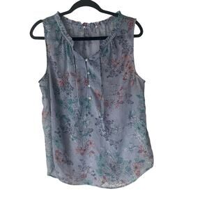 Liz Claiborne Size Large Blue Sheer Striped Floral Sleevelss Blouse